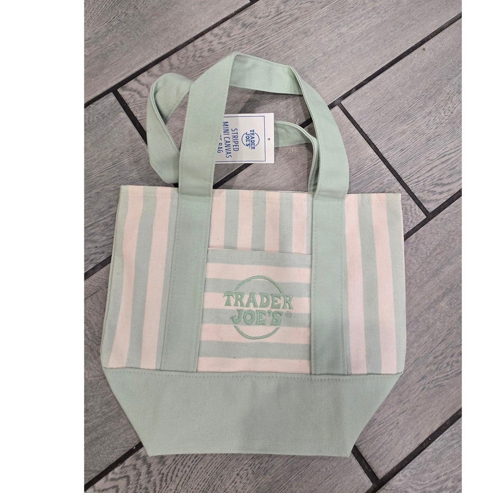 Trader Joe's Striped Mini Canvas Tote Bag Sage Green Cream Embroidered Logo NWT
